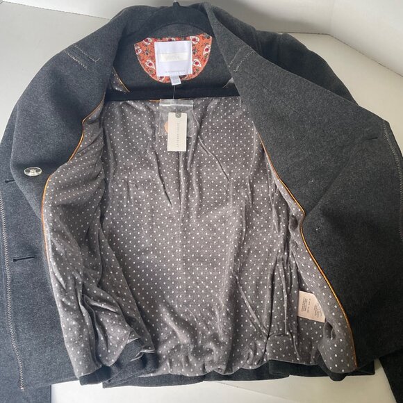 Anthropologie Jacket Peacoat Womens 2 Gray Cropped Blazer Contrast Trim Relaxed - Picture 5 of 13